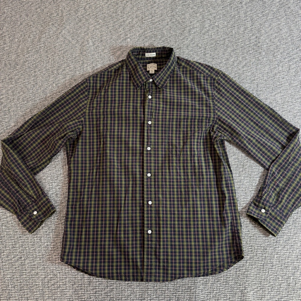 J.Crew Mens Slim Untucked Secret Wash Stretch Plaid Shirt Green Blue Large Short